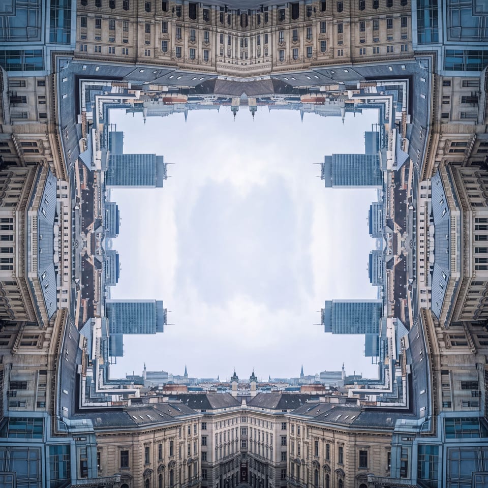 Quadratisch gespiegelter Innenhof. Fassaden, Dächer und Hochhäuser verschränken sich um ein rechteckiges Fenster aus Himmel.