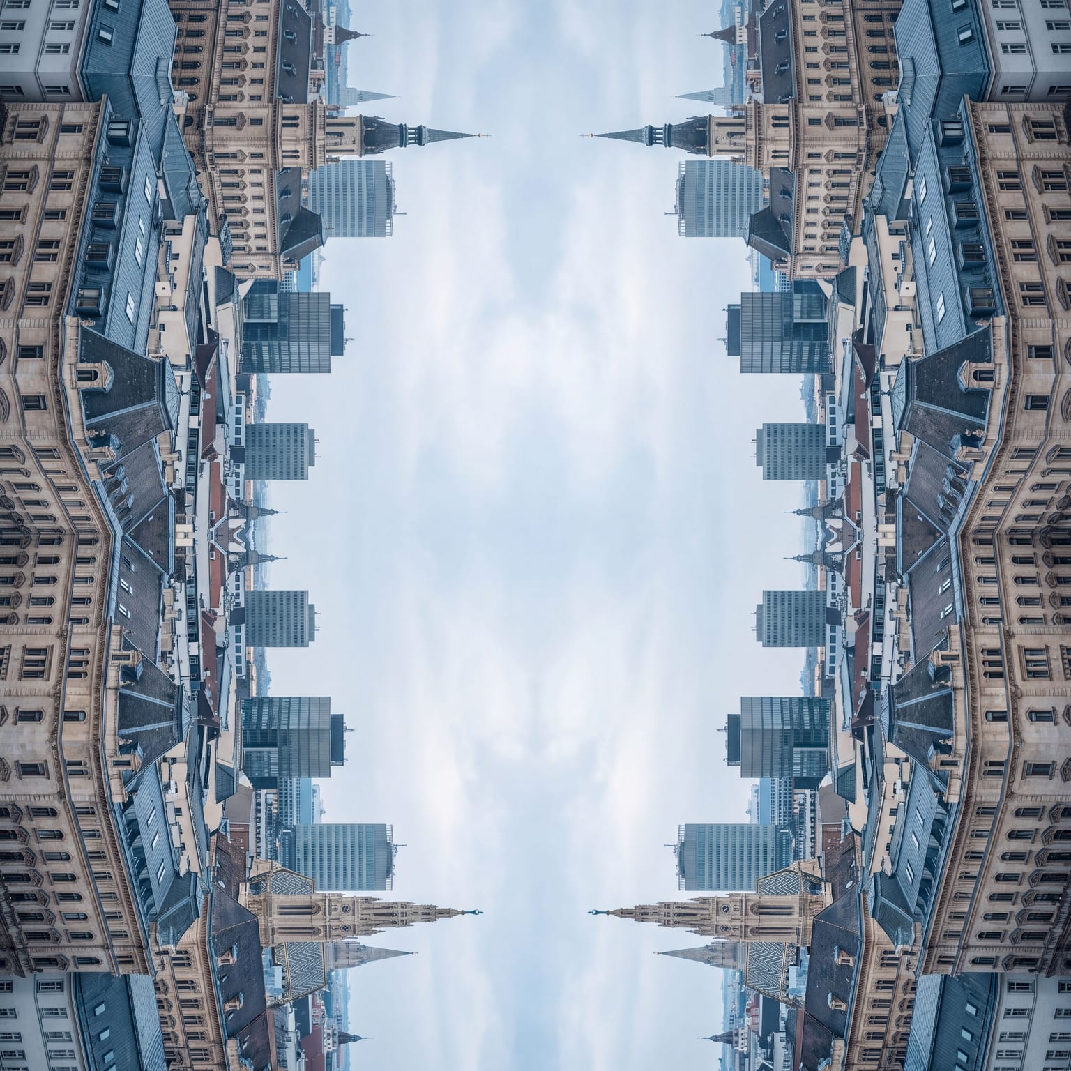 Gespiegelte Stadtsilhouette. Zwei Turmspitzen kippen aufeinander zu, dazwischen ein schmaler heller Streifen Himmel.