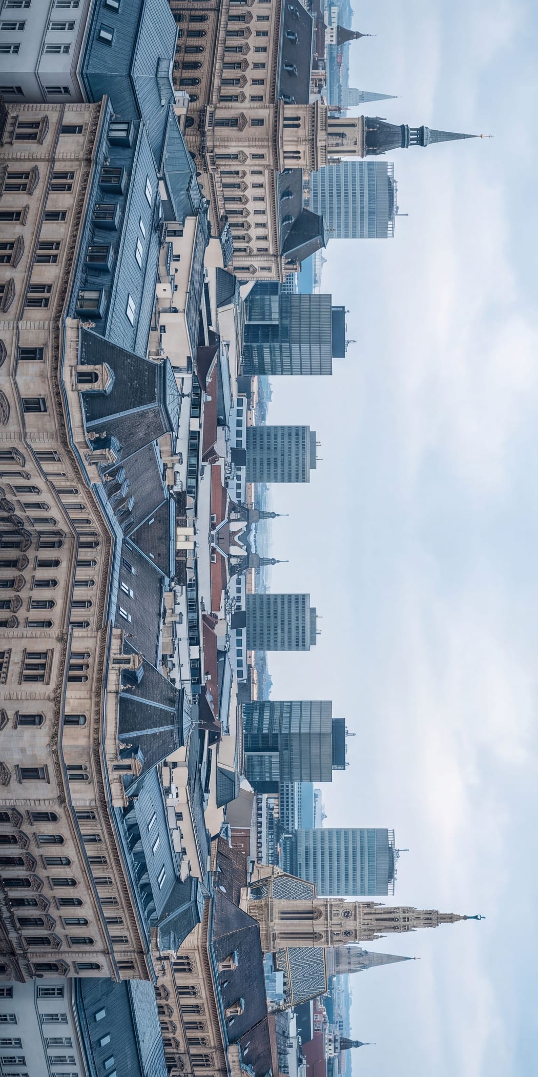 Linke Hälfte einer gespiegelten Stadtansicht. Dächer, Giebel und Türme staffeln sich zu einem hellen Korridor aus Himmel.